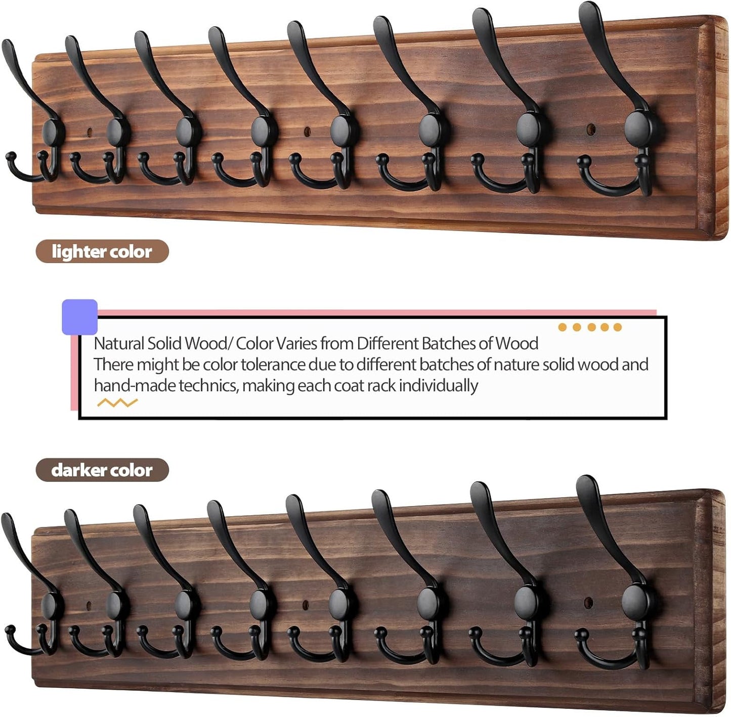 Coat Rack Wall Mount, Wooden Heavy Duty Coat Rack for Wall,8 Triple Coat Hanger Hooks for Hanging Coats,Jacket,Hat,Clothes (Brown, 8 Hooks)