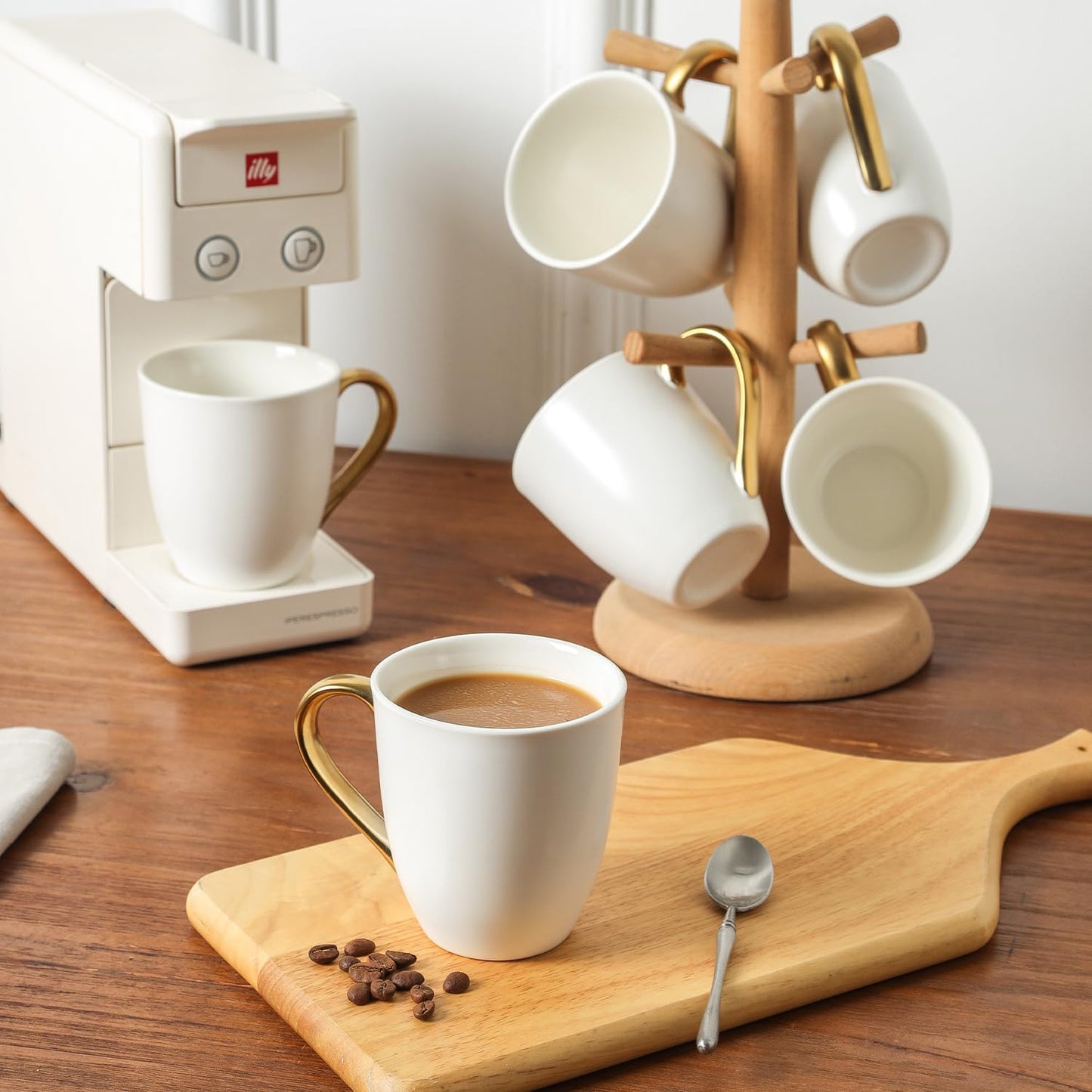 vicrays Coffee Mug Set, 11 Ounce, Set of 6, Ceramic Mug for Men, Women, Unique Glazed Mugs with Handle for Coffee, Tea, Milk, Cocoa, Cereal(White with Golden)