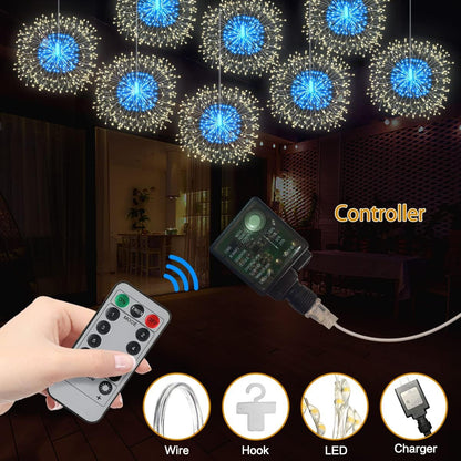 8 Pack Firework Lights 180 Led Copper Wire with 8 Models Power Supply Remote Control Waterproof Outdoor Hanging for Decor Garden Party Christmas