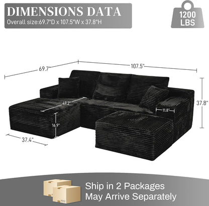 Modular Sectional Sofa Cloud Sectional Couch, 107" Comfy Fluffy U Shaped Black Couches for Living Room, Deep Seat Memory Foam Plush Corduroy Boneless Couch Sectionals with Left Facing Chaise Sofa