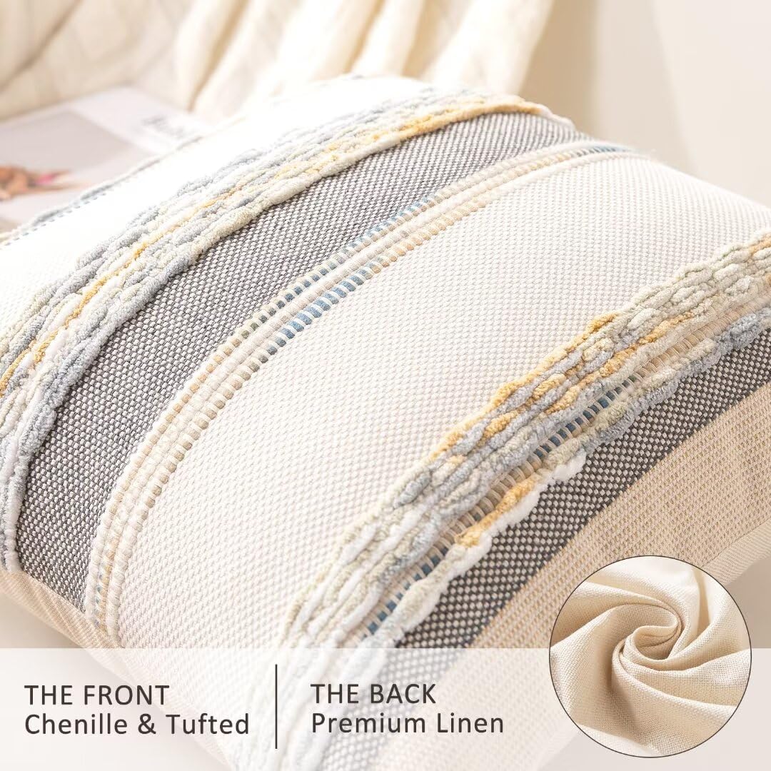 Boho Throw Pillow Covers 18x18 Set of 2 Farmhouse Decorative Cushion Case Striped Square Pillows Cover Chenille Pillow Cases Accent Neutral Pillowcase for Sofa Couch Bed,Orange-Gray