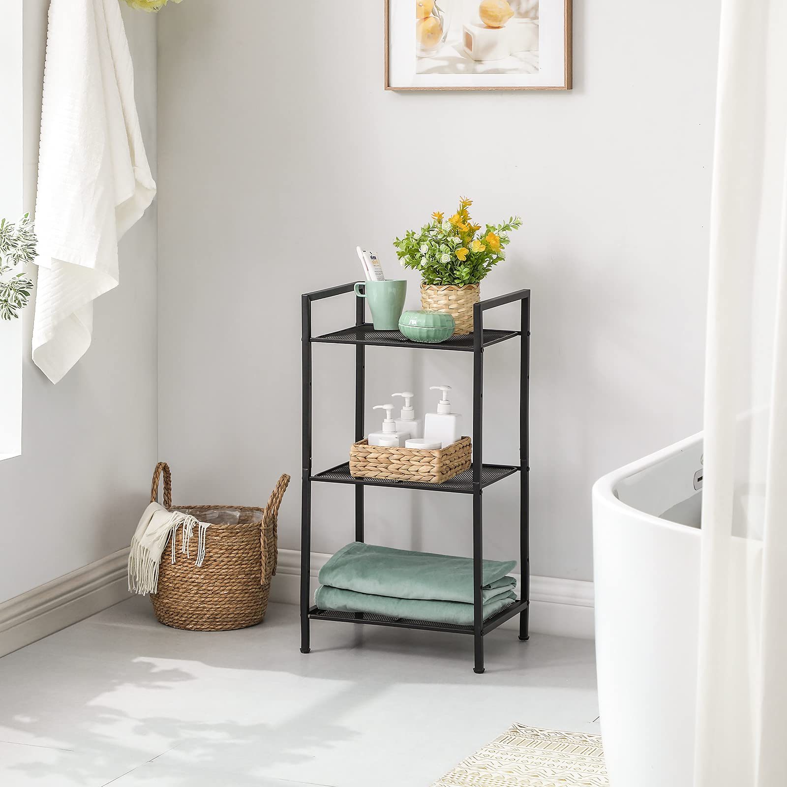 SONGMICS 3-Tier Storage Rack, Bathroom Shelf, Extendable Plant Stand with Adjustable Shelf, for