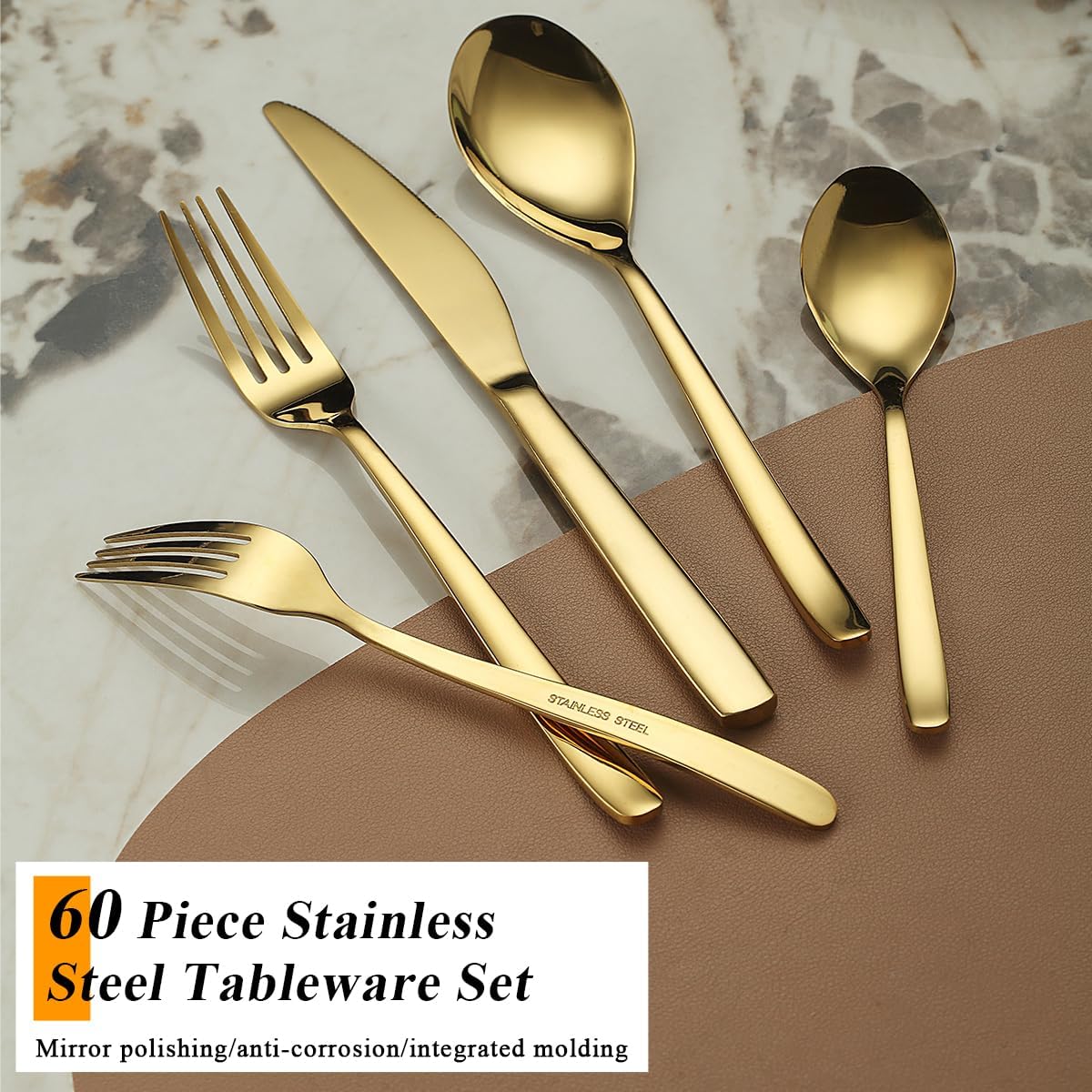 Berglander Gold Silverware Set 60pcs Service for 12, Golden Titanium Plating Stainless Steel Flatware Set, Gold Spoons Forks Knives Set for Home, Wedding, Restaurant, Hotel, Dishwasher Safe