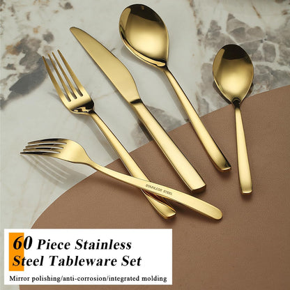 Berglander Gold Silverware Set 60pcs Service for 12, Golden Titanium Plating Stainless Steel Flatware Set, Gold Spoons Forks Knives Set for Home, Wedding, Restaurant, Hotel, Dishwasher Safe