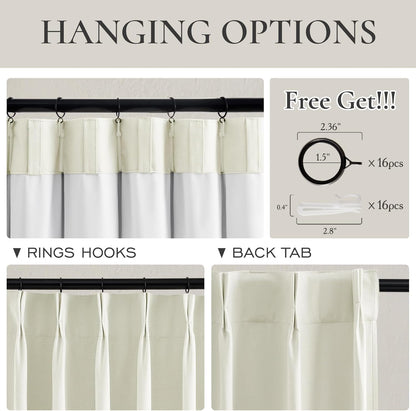 Ivory White Pinch Pleated Complete Blackout Curtains & Drapes 120 Inches Long 2 Panels Set, Flax Linen Room Darkening Soundproof Window Curtain for Bedroom/Living Room Track System(40"Wx120"L)