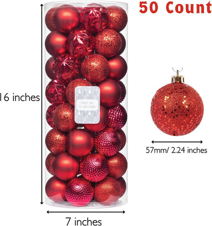 Every Day is Christmas Ornaments, Shatterproof Christmas Tree Ornament Set, Christmas Balls Decoration 50 Count (2.24"/57mm, New Red)