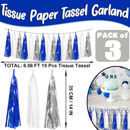3P Navy-Blue White-Silver Tassel Garland Banner, Tassels Banner Streamers for Parade Floats, Bachelorette, Wedding, Birthday, Halloween, Christmas, Bridal/Baby Shower Party Decorations