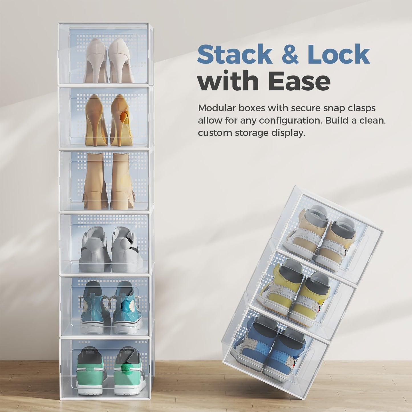 DUMOS Shoe Storage Boxes, 12-Pack Stackable Clear Shoe Containers with Lids, Display Sneaker Case