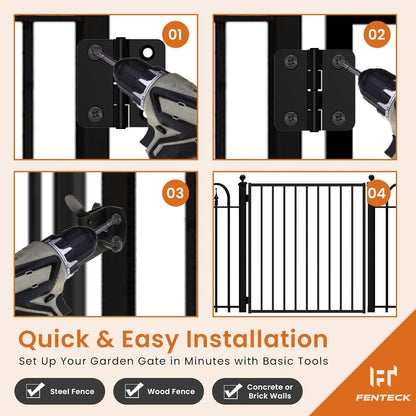 Black Metal Gate, 3.5' W x 4' H, Rustproof Outdoor & Pool Gate, Easy DIY Installation to Iron Fencing, Wood or Brick Walls, Stainless Steel Hinges & Self-Locking Latch