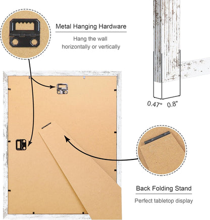 11x14 Picture Frame Set of 4, 11 x 14 Wood Photo Frames with Mat for 8x10, Rustic Natural Wooden Frame with Real Glass Cover for Wall and Tabletop Display,Distressed White