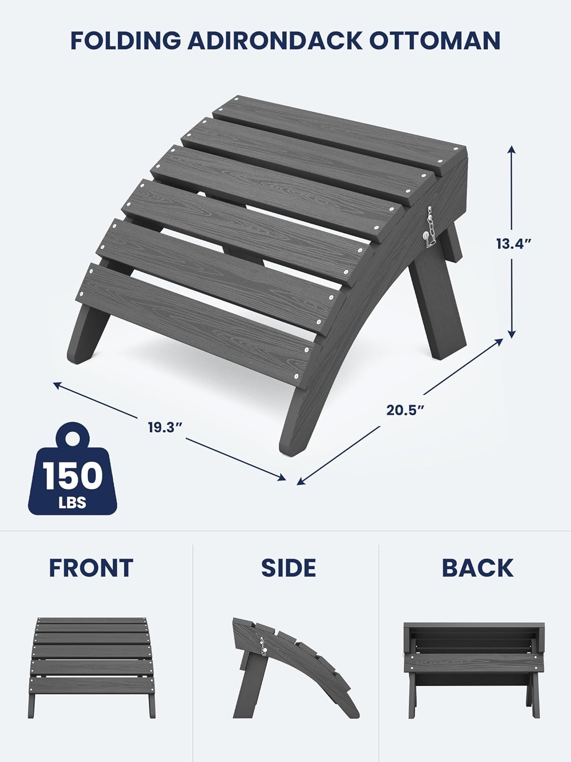 KINGYES Folding Adirondack Ottomans Set of 4 for Adirondack Chair, Grey