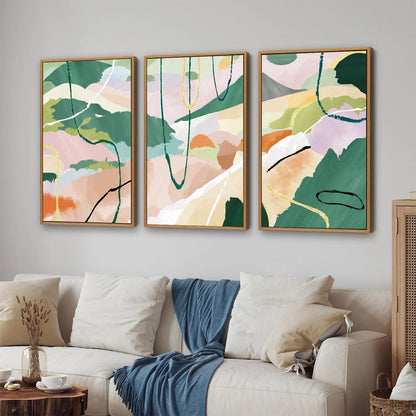 Tinonedraw Colorful Abstract Framed Canvas Wall Art Set, 3 Panel Green Pink Girly Oils Inks Artwork, Three Pieces Neutral Modern Minimalist Wall Decor for Living Room Bedroom Office 24"x36"x3
