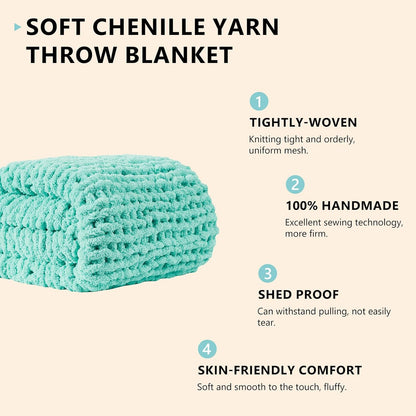 L'AGRATY Chunky Knit Blanket Throw: 50''x60'' Chenille Chunky Knitted Throw Blanket for Bed Couch - Handmade Thick Big Cable Knit Blanket - Large Crochet Rope Blanket for Home Decor(Lake Blue)