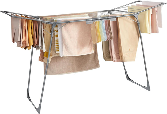 SONGMICS Clothes Drying Rack Foldable, Gullwing Laundry Drying Rack, Space-Saving, 22.2 x 68.1 x 38 Inches, Sock Clips, Metal Structure, for Clothes, Towels, Linens, Indoor, Outdoor Gray ULLR518G01