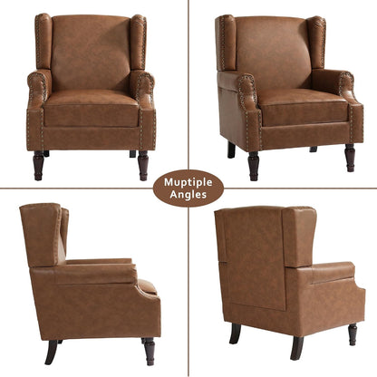 Accent Chair, Faux Leather High Back Armchair or Living Room, Comfy Upholstered Single Sofa Reading Chair with Solid Wood Legs for Office, Bedroom, Waiting Room-Brown