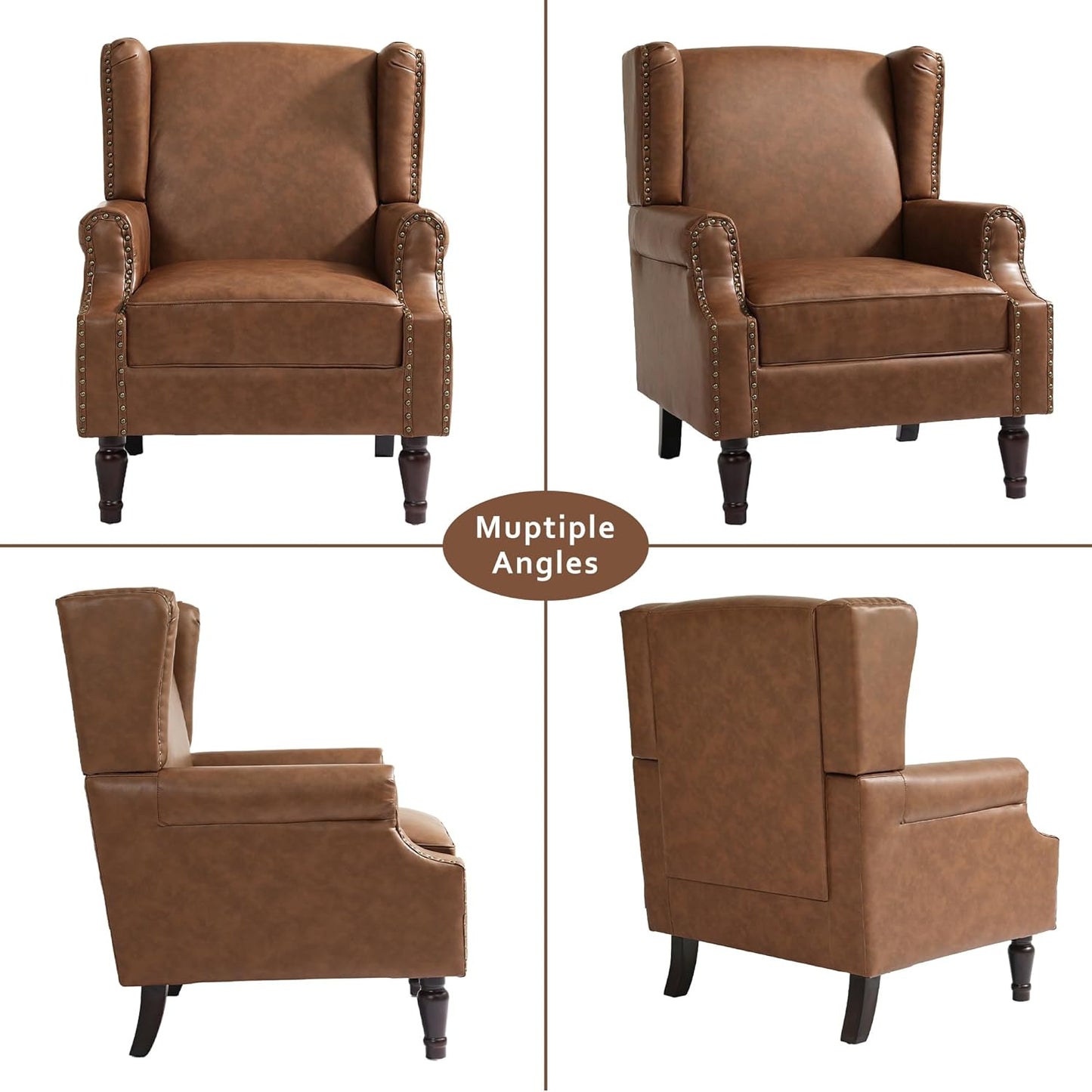 Accent Chairs, Faux Leather High Back Armchair setof 2 or Living Room, Comfy Upholstered Single Sofa Reading Chairs with Solid Wood Legs for Office, Bedroom, Waiting Room-Leather Brown