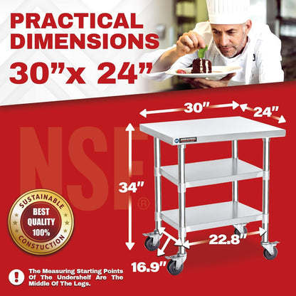DuraSteel Stainless Steel Work Table 30" x 24" x 34" Height w/ 4 Caster Wheels - Food Prep Commercial Grade Worktable - NSF Certified - Good for Restaurant, Business, Warehouse, Home, Kitchen, Garage