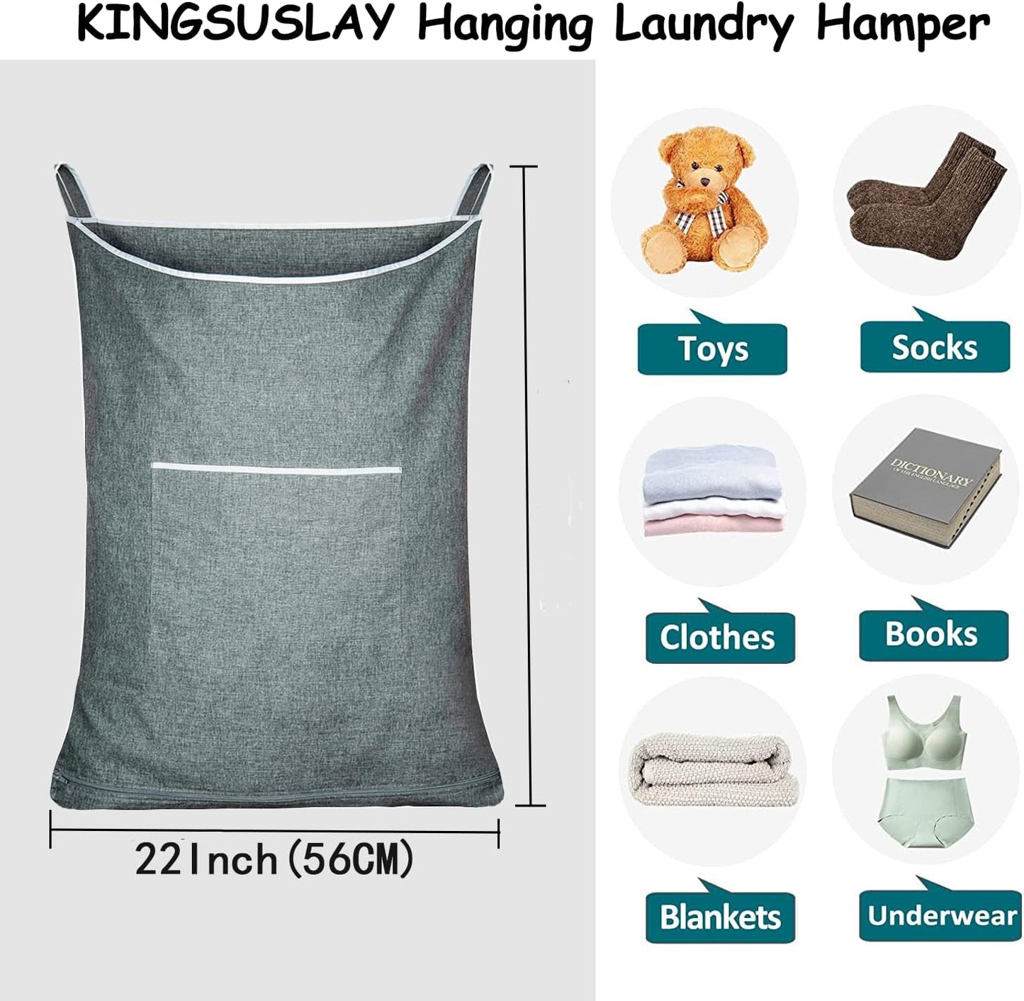 XL Door Laundry Hamper, Hanging Hamper with Large Openging, Hanging Laundry Hamper Storage Bag，Door hampers for Laundry of Home, Dorm, or Travel(Heather Grey, 36x22 Inch)