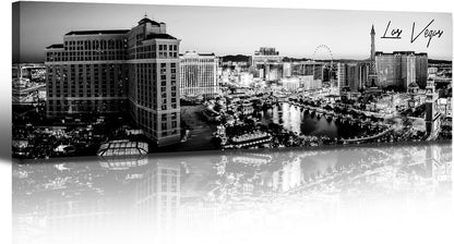 Las Vegas Skyline Wall Art for Living Room American Cityscape Canvas Prints Black and White City Bellagio Fountain Skyscraper Night View Panoramic Pictures Modern Building Poster Framed 13.8"X47.3"