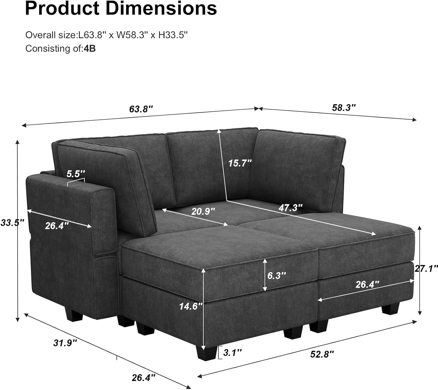Bellfin Modular Sectional Sleeper Sofa Convertible Sofas with Storage Ottomans Small Sectional Couches for Living Room. Dark Grey Couch