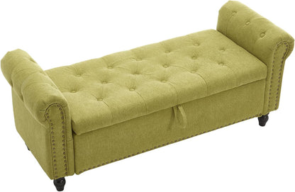 Furniliving 55” End of Bed Bench, Bedroom Bench with Button-Tufted, Large Upholstered Storage Ottoman Benches Entryway Bench with Storage Shoe Cabinet Bench, for Bedroom, Living Room, Linen, Green