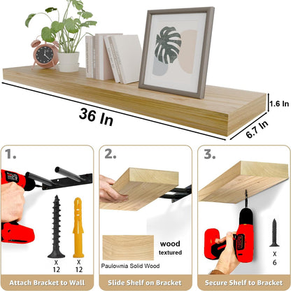 IAE Floating Wall Shelves 36 inch,Bathroom Shelves Wall Mounted,Invisible Shelves Floating Kitchen Shelves,Wooden Wall Shelves with Brackets for Living Room Wall Mounted,Easy Install,Set of 2,Natural