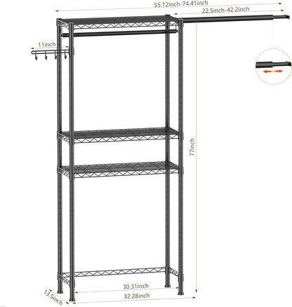 Over Washer and Dryer Shelves,3 Tier Adjustable Wire Shelving Laundry Room Storage Organization Clothes Drying Rack with Mounted on the Wall Expandable Hanger Rods&Hook,55"~74.5"Wx13.4"Dx77"H