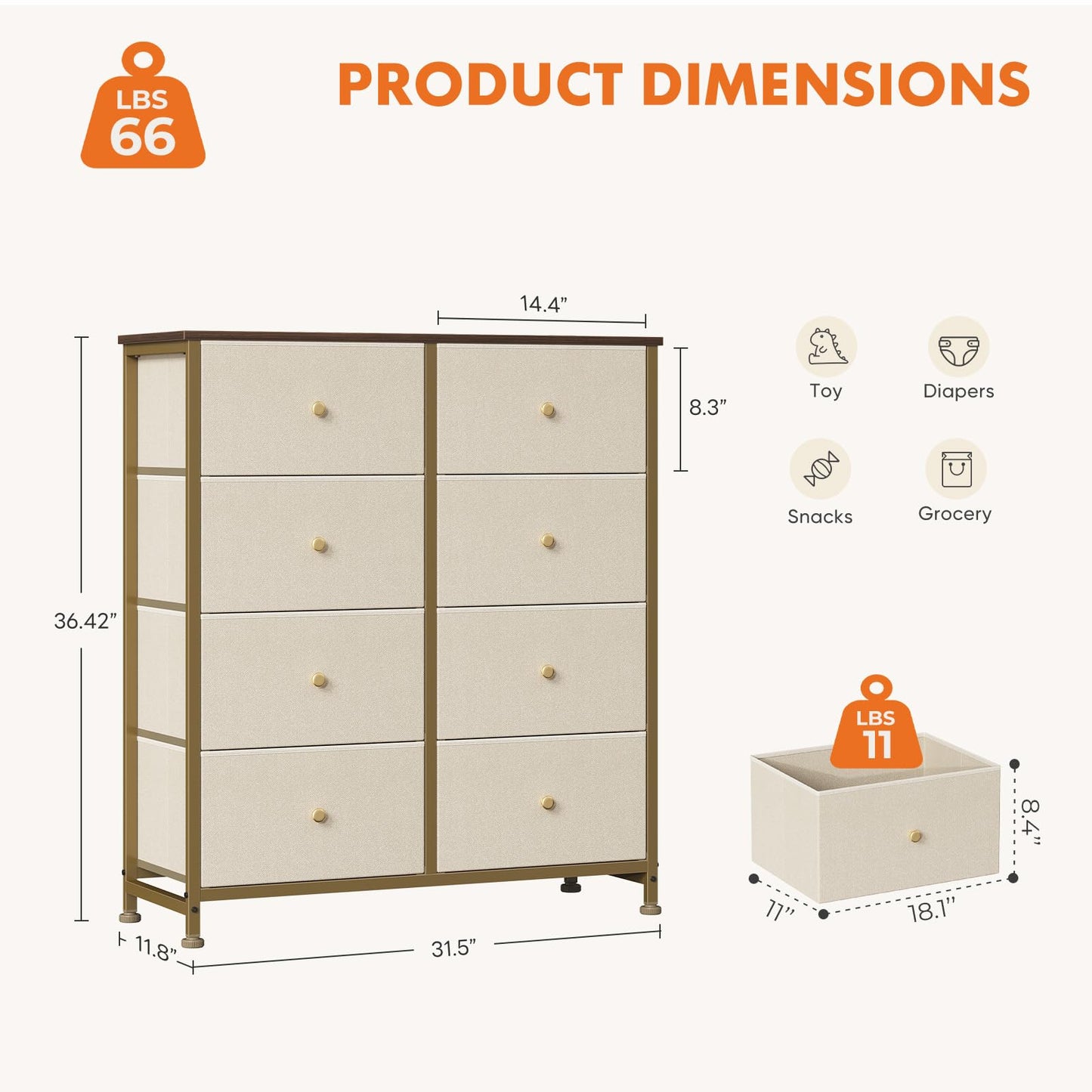Sweetcrispy 8 Drawer Fabric Dresser, Tall Storage Tower for Bedroom, Khaki