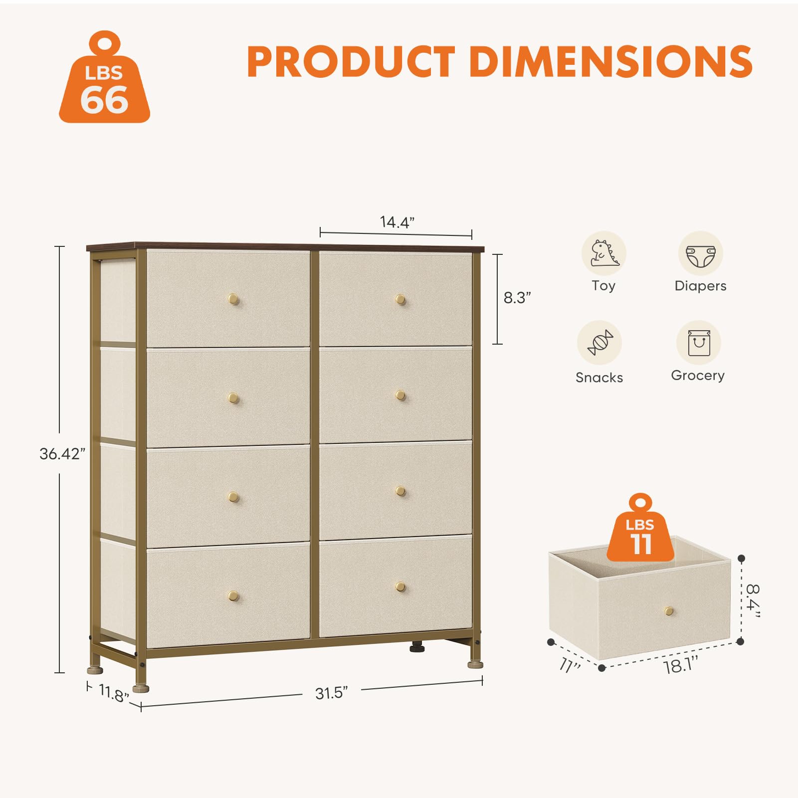 Sweetcrispy 8 Drawer Fabric Dresser, Tall Storage Tower for Bedroom, Khaki