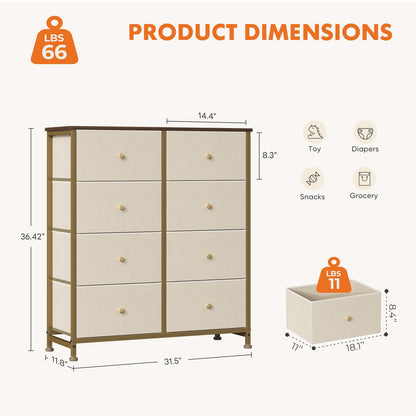 Sweetcrispy 8 Drawer Fabric Dresser, Tall Storage Tower for Bedroom, Khaki