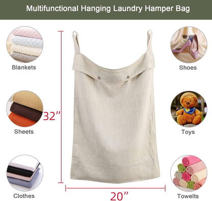 Linen Hanging Laundry Bag, 100% Linen Over The Door Laundry Hamper with Buttons and Zipper, Space Saving Door Hampers for Laundry Dirty Clothes Home Travel, Linen