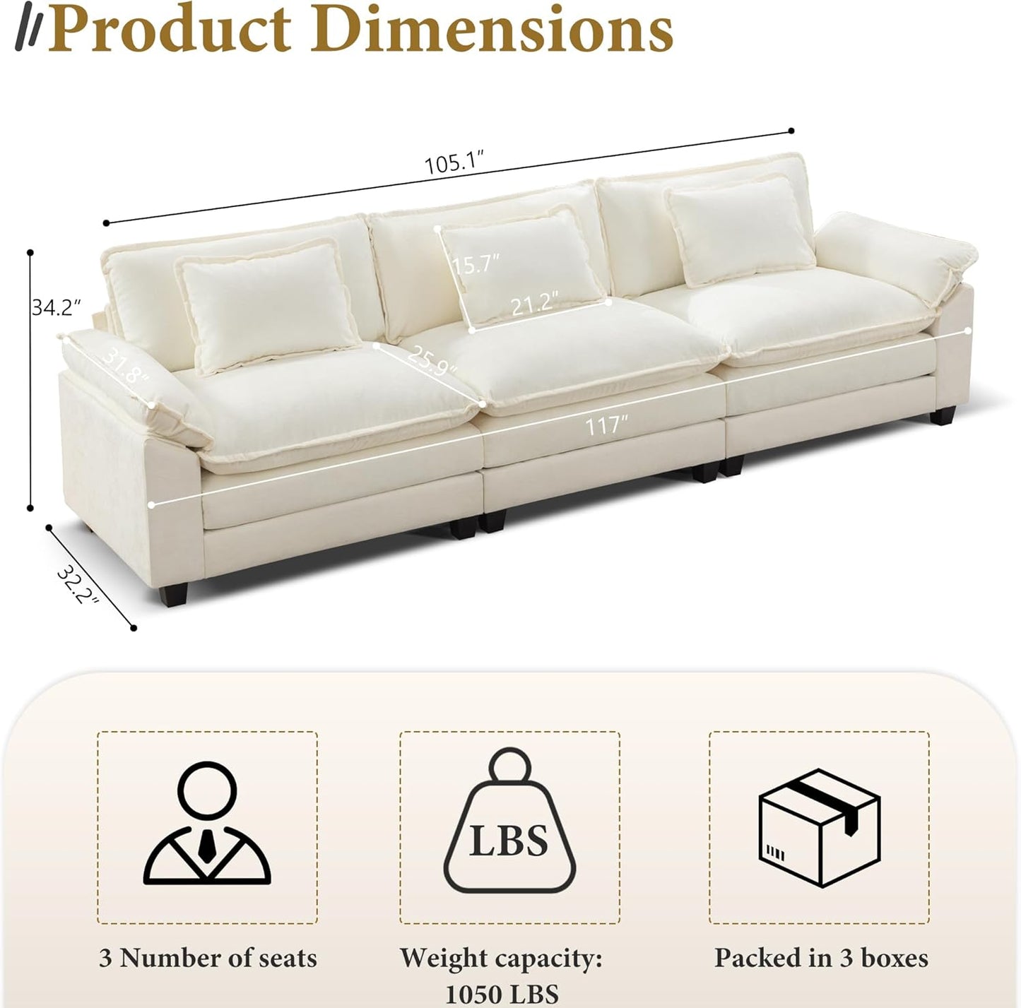 URRED Modular Sectional Sofa Comfy Cloud Couch, Modern Chenille Sofa Sleeper Deep Seat Couches with Ottoman/Pillows for Living Room (White, 117'')