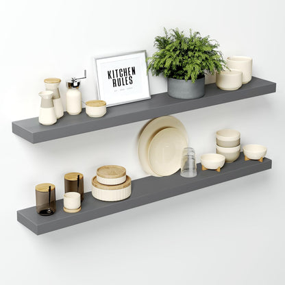 Homeforia Gray Floating Shelf 48 inch, High End Solid Real Wood 48inch Floating Shelves for Wall Mounted, Grey Wooden 48 inches Long Floating Shelves, Heavy Duty Bracket, 48 X 6.5 X 1.75 in, Set of 2