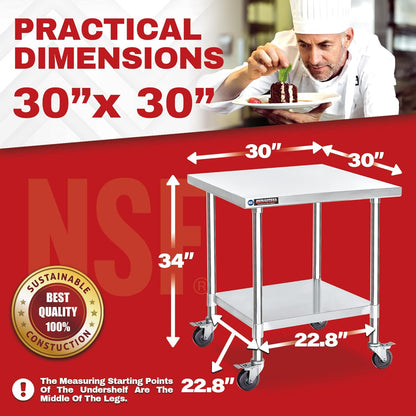 DuraSteel 30x30 NSF Stainless Steel Cart - Heavy Duty Rolling Food Prep Table with Undershelf - Metal Utility Cart for Commercial Restaurant Kitchen, Laundry, Outdoor Portable BBQ Grill