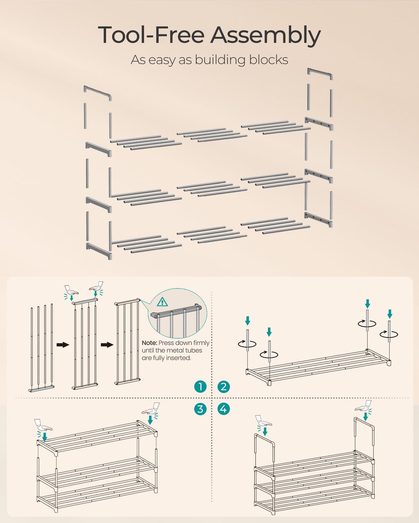 SONGMICS Shoe Rack, 3-Tier Shoe Organizer, Metal Storage Shelf, Upright or Upside Down, for 16-20