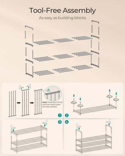 SONGMICS Shoe Rack, 3-Tier Shoe Organizer, Metal Storage Shelf, Upright or Upside Down, for 16-20