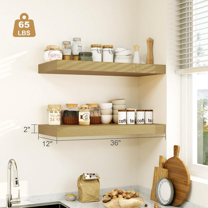 12" Deep Oak Floating Shelves,Over Toilet Long Wall Mounted Modern Farmhouse 36 inches,Wall Shelves with Invisible Brackets for Bedroom, Bathroom, Living Room, Kitchen, Set of 1