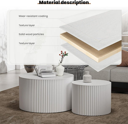 Round Nesting Coffee Table Set of 2 Handcraft Circle Fluted Nesting Coffee Tables Circular Side Table Drum Accent End Tables for Living Room Bedroom (White A Large)