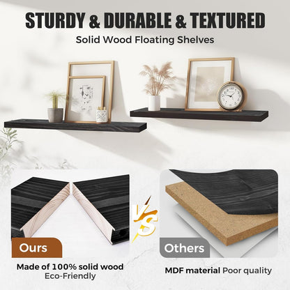 Floating Wall Shelves 2-Pack - 24-Inch Rustic Black Wooden Shelves for Storage and Décor, Easy Installation for Living Room, Bedroom, and Kitchen