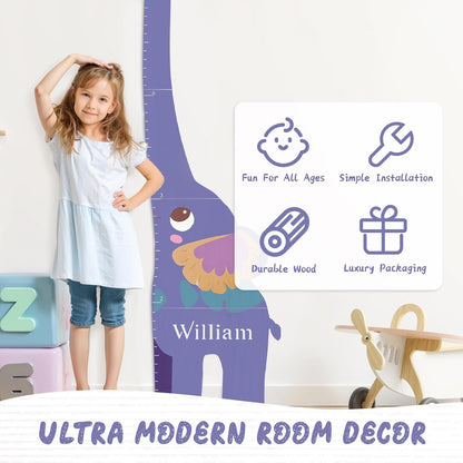 Personalized Name Growth Chart for Kids, Elephant Patchwork Wooden Height Chart for Wall Decor, Custom Height Ruler, Baby Boy Girl Measurement Ruler for Bedroom Playroom, Easy to Mark