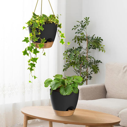 ZMTECH 10 Inch Hanging Planters for Indoor Outdoor Plants, 2 Pack Self Watering Hanging Plant Pots with Drainage Holes and Removable Saucer, Plastic Flower Hanging Pots with Watering Lip (Black)