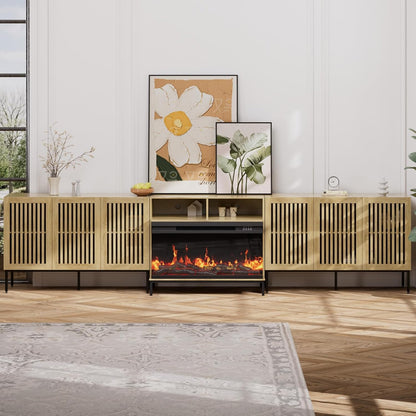 3-Sided Glass Farmhouse Fireplace TV Stand for TVs Up to 110 Inch, Oak Entertainment Center with 36" Electric Fireplace, TV Console with Storage Cabinets for Living Room