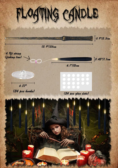 GenSwin 22pcs Flameless Floating Candle with Magic Wand Remote Timer, Battery Operated Hanging Window Candles Flickering, 6.1" LED Electric Candles for Christmas Halloween Decorations(Black)