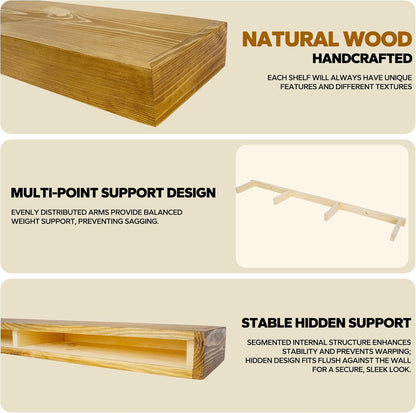 Floating Shelves 3 inch Thick for Wall Set of 2,Solid Pine Wood Wall Mount Shelf for Kitchen Living Room Bedroom Bathroom,8" D x 48" L x 3" H-Gold Oak