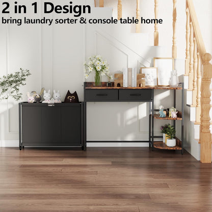 L Shaped Laundry Hamper Laundry Basket with 3 Section Pull-Out Rolling Bags & 3-Tier Storage Shelf, Laundry Sorter for Organization and Storage with 2 Drawers for Laundry Room