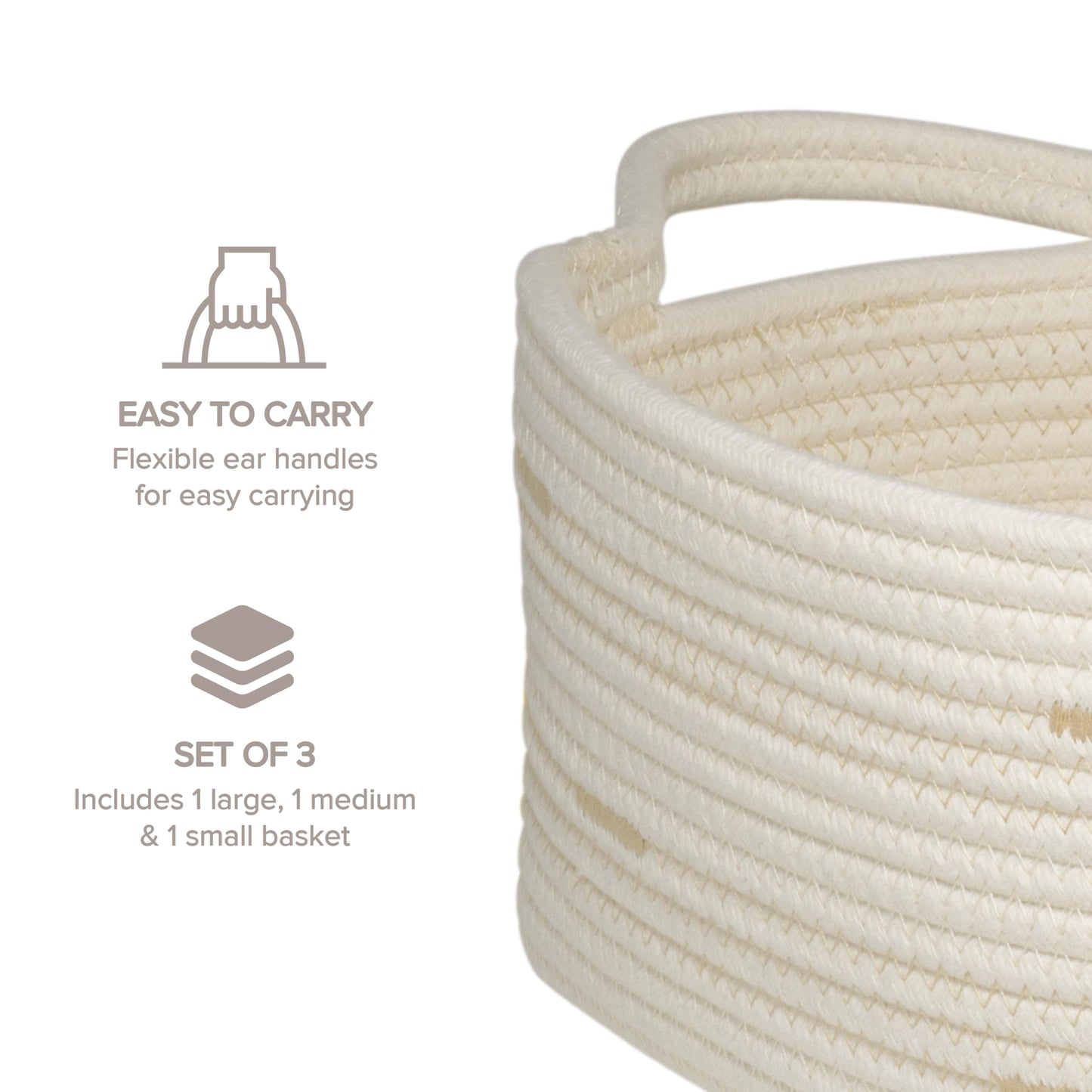 RGI Home Storage Baskets for Organizing, Fabric Rope, Set of 3, Decorative Woven Bins with