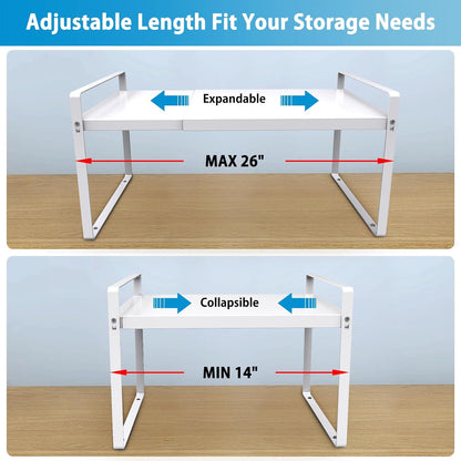 9'' Wide Expandable Cabinet Shelf Organizer Rack Adjustable Length 14''-26'' Pantry Shelf Spice Rack Heavy Duty Nonslip Kitchen Counter Storage Shelves Pantry Cupboard Under Sink Countertop White