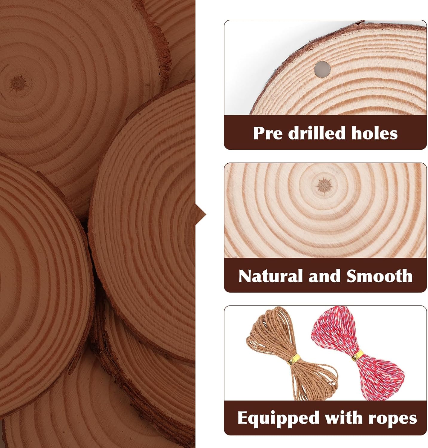 36 Pack Nature Wood Slices for Crafts,3.1-3.5In Unfinished Natural Wood Rounds.Wood Circles Predrilled with Hole and 20m Rope for Wooden Craft Supplies,Painting,Wooden Ornaments,DIY Gifts