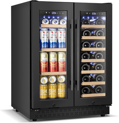 Wine and Beverage Refrigerator with Glass Door, 24-Inch Dual Zone Wine Fridge Under-Counter,4.6 Cu.Ft. 65 Cans and 20 Bottles Wine Cooler,Built-in or Freestanding Wine and Drink Fridge with Blue Light