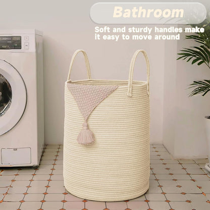 Large Woven Laundry Basket Hamper,60L Cotton Rope Storage Bin for Blankets,Toys and Clothes,Decorative Tall Nursery Hamper for Living Room,Baby Nursery,Bathroom and Bedroom,Beige